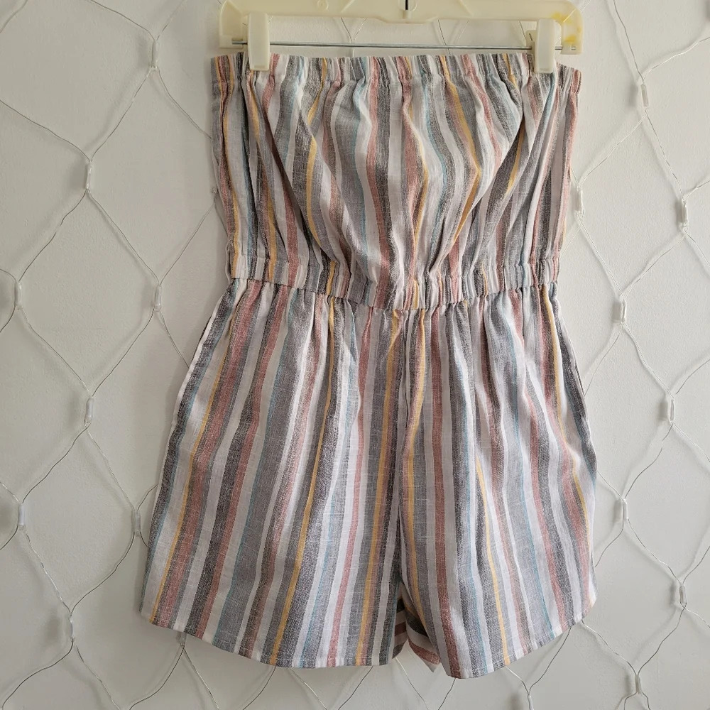 - Derek Heart Tube Top Romper • Beige • Vertical Stripes • Size Large